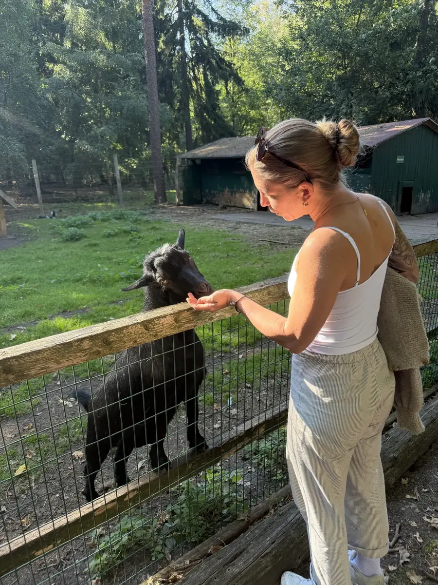 Helen füttert eine Ziege an einem Holzzaun im Wildpark